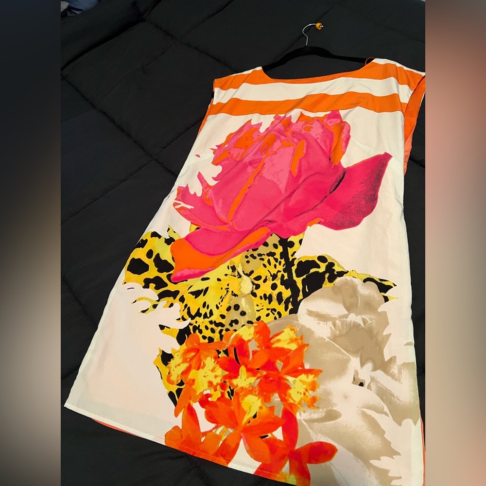 Worthington petite mini dress orange with flowers and stripes